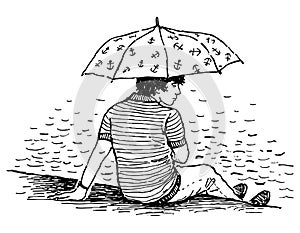 Outline drawing of lonely sad teen boy sitting under umbrella on river embankment