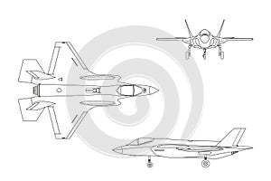 Outline drawing of military aircraft on white background. Top, s