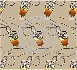 Outline drawing pattern with hand pouring milk to coffee on brown background. Human making iced drink