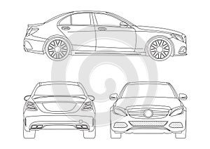 Outline drawing of the sedan, view from three sides