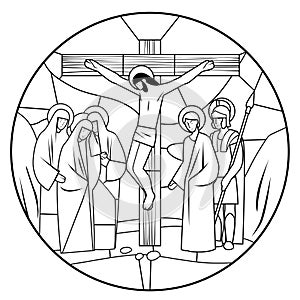 Outline drawing of stained glass window depicting the scene of the Crucifixion of Christ in a round frame