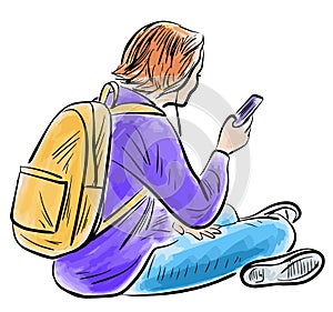 Outline drawing of student girl sitting outdoors for resting and looking at smartphone