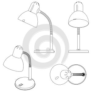 Outline drawing of a table lamp, side, top, front, and in isometric view, isolated vector illustration