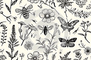 outline drawing, vintage illustration, entomology, with summer flowers, plants and bugs