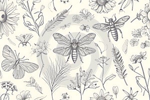 outline drawing, vintage illustration, entomology, with summer flowers, plants and bugs