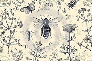 outline drawing, vintage illustration, entomology, with summer flowers, plants and bugs