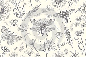 outline drawing, vintage illustration, entomology, with summer flowers, plants and bugs