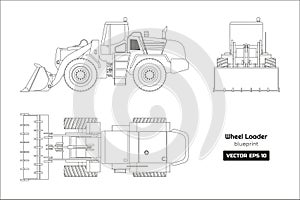 Outline drawing of wheel loader on white background. Top, side and front view. Diesel digger blueprint