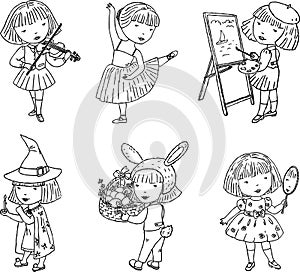 Outline drawings of a little girl and her hobbies