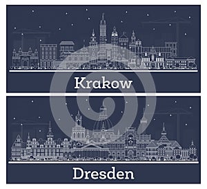 Outline Dresden Germany and Krakow Poland City Skyline set with White Buildings. Cityscape with Landmarks