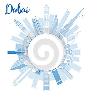 Outline Dubai City skyline with blue skyscrapers and copy space