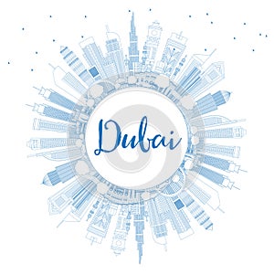 Outline Dubai UAE City Skyline with Blue Buildings and Copy Space.