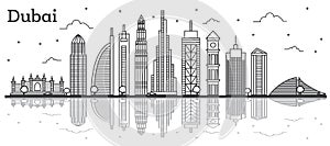 Outline Dubai UAE City Skyline with Modern Buildings and Reflect