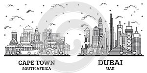 Outline Dubai United Arab Emirates UAE and Cape Town South Africa City Skyline Set