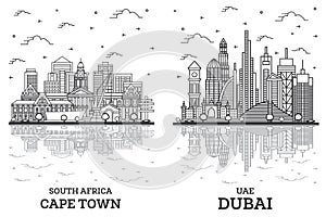 Outline Dubai United Arab Emirates UAE and Cape Town South Africa City Skyline Set