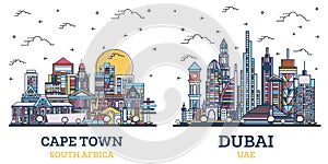 Outline Dubai United Arab Emirates UAE and Cape Town South Africa City Skyline Set