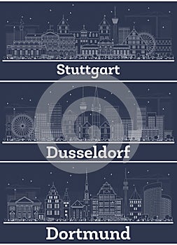 Outline Dusseldorf, Dortmund and Stuttgart Germany City Skylines with White Buildings