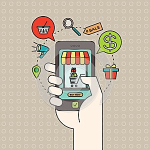 Outline e-commerce icons and smart phone in hand with digital marketing concept