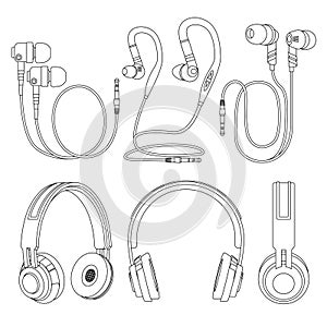 Outline earphones, wireless and corded dj music headphones vector illustration isolated on white background