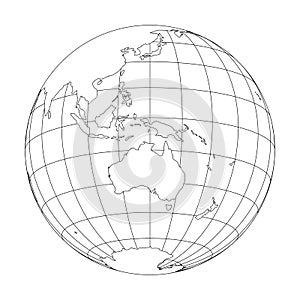 Outline Earth globe with map of World focused on Australia and Oceania. Vector illustration