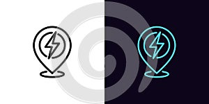 Outline electric station pin icon, with editable stroke. Map pin with lightning sign, charge point pictogram. Navigation marker