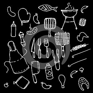 Outline elements vector BBQ grill doodle in vintage style. A set of vector isolated illustrations drawn by hand in the doodle