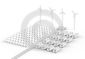 Outline of energy storage systems or battery container units with solar and turbine farm