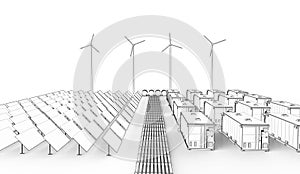 Outline of energy storage systems or battery container units with solar and turbine farm