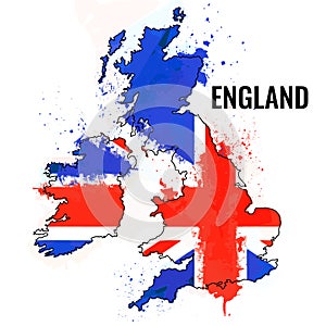 The outline of the England with a watercolor flag inside. Vector illustration