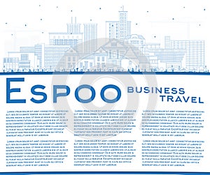 Outline Espoo Finland city skyline with blue buildings and copy space. Espoo cityscape with landmarks. Business travel, tourism