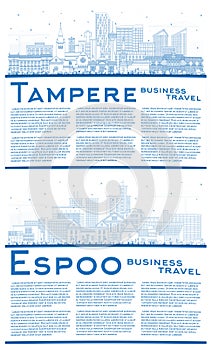 Outline Espoo and Tampere Finland city skyline set with blue buildings and copy space. Cityscape with landmarks