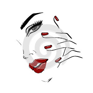 Outline face with red lips and nails