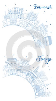 Outline Fargo and Bismarck North Dakota City Skyline Set with Blue Buildings and Copy Space