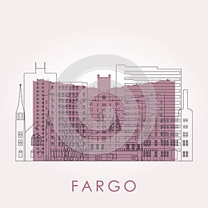Outline Fargo, North Dakota skyline with landmarks.