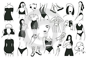 Outline female body elements. Contemporary woman bodies, hand drawn faceless girls fashion vector illustration set