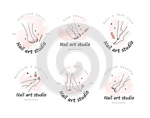 Outline female feet. Logotype for nail art studio. Foot care concept. Modern design for manicure and pedicure salon