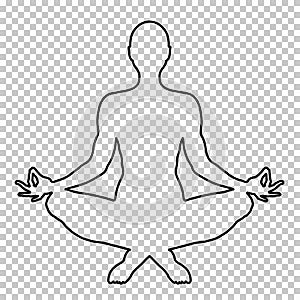 Outline figure of a man sitting in lotus pose on a transparent background, stencil, yogi silhouette. Meditation human