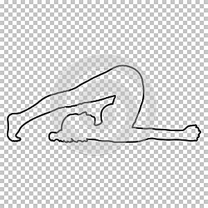 Outline figure woman in a pose halasana on transparent background, vector silhouette girl doing stretching lying on back