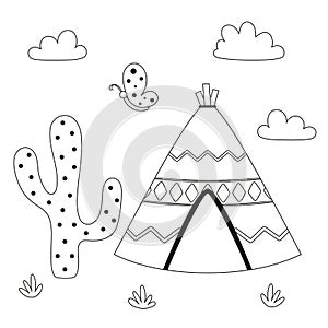 outline flat illustration with wigwam