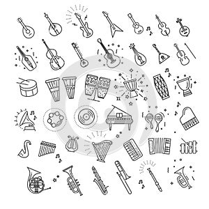 Outline flat vector icons. music classic instruments.