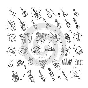 Outline flat vector icons. music classic instruments