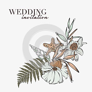 Outline floral concept: magnolia, pampas grass, sar, seashell, leaves frame background. Wedding hand-drawn vector compowition for