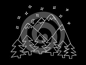 Outline of forest and mountains on black background. Night sky with stars and moon.