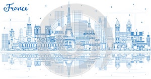 Outline France City Skyline with Blue Buildings and Reflections