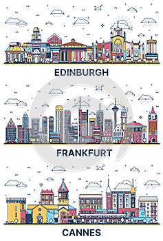 Outline Frankfurt Germany, Cannes France and Edinburgh Scotland City Skyline set with Colored Modern and Historic Buildings