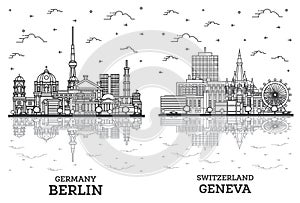 Outline Geneva Switzerland and Berlin Germany City Skyline Set