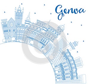 Outline Genoa Italy City Skyline with Blue Buildings and Copy Sp