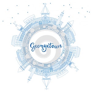 Outline Georgetown Skyline with Blue Buildings and Copy Space.