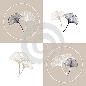 Outline ginkgo biloba leaves, postcard set, minimal design, pastel colors. Print, poster