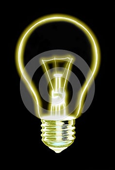 Outline of glowing yellow Light bulb, on black background